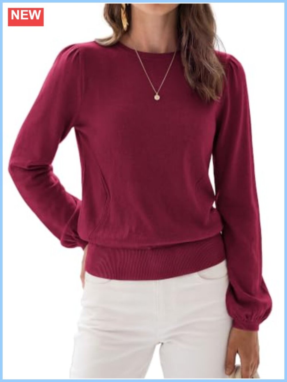 Womens Puff Sleeve Sweater Crewneck Knit Pullover Fall Winter Top